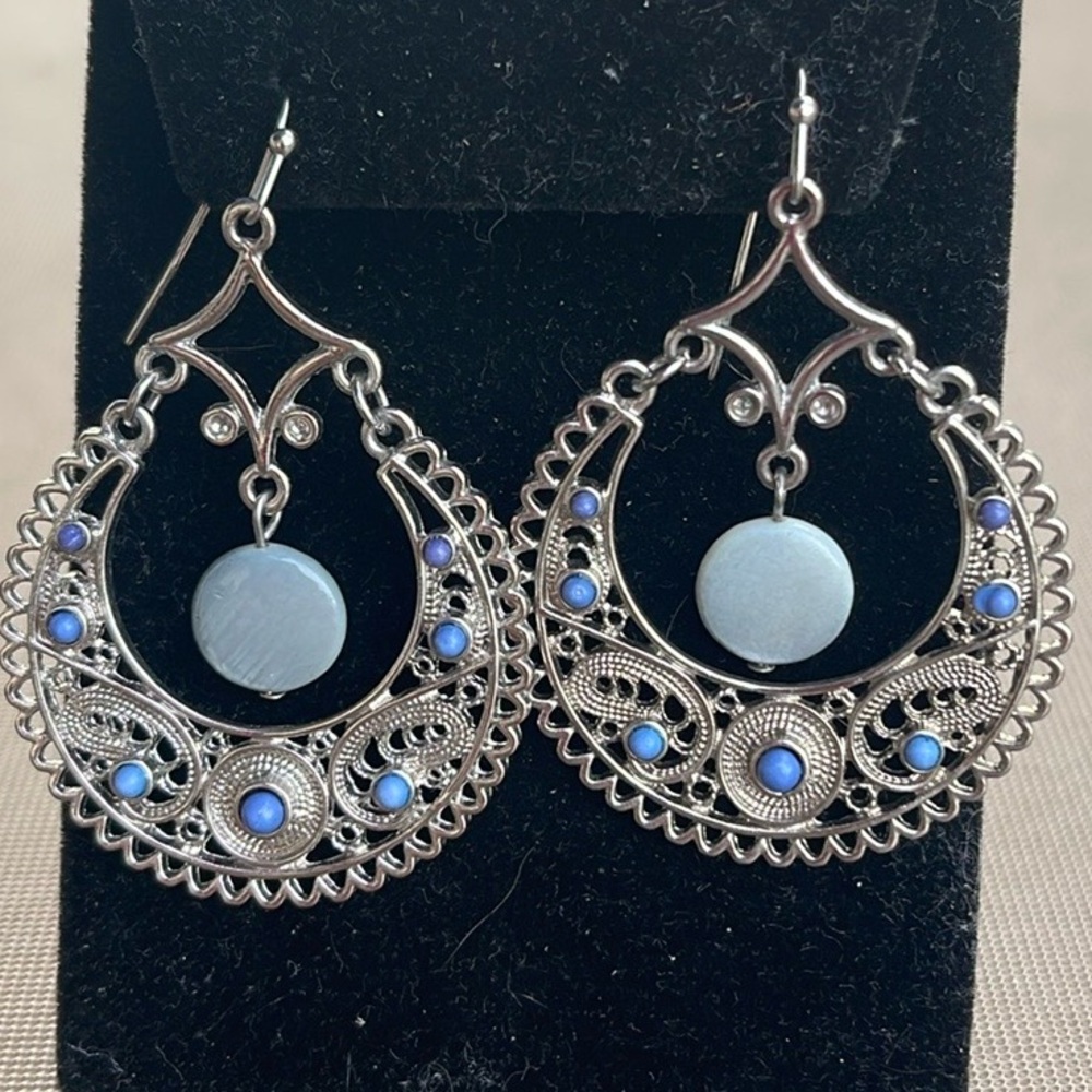Elegant Silver Filigree blue stone wired Earrings